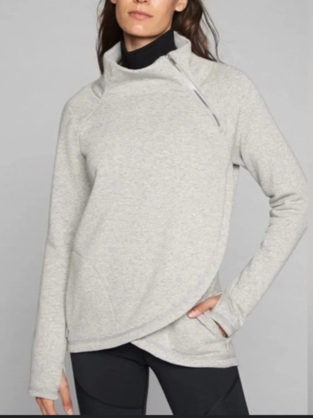 Athleta Cozy Karma Asym Pullover Woman's Sz XL Heather Gray Zip Mock Neck